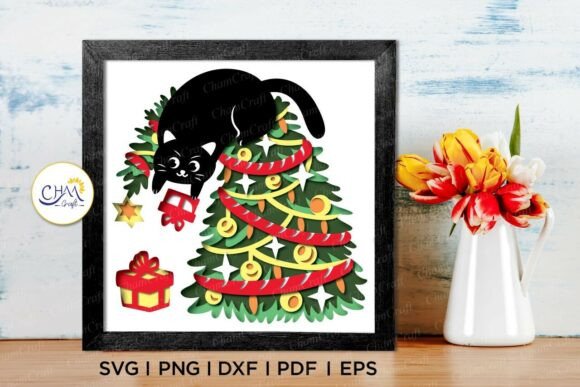 3D Christmas Cat Tree Shadow Box SVG