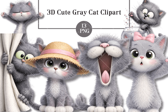 3D Cute Gray Cat Clipart