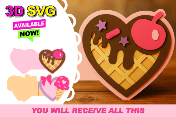 Ice Cream Heart Card 3D SVG